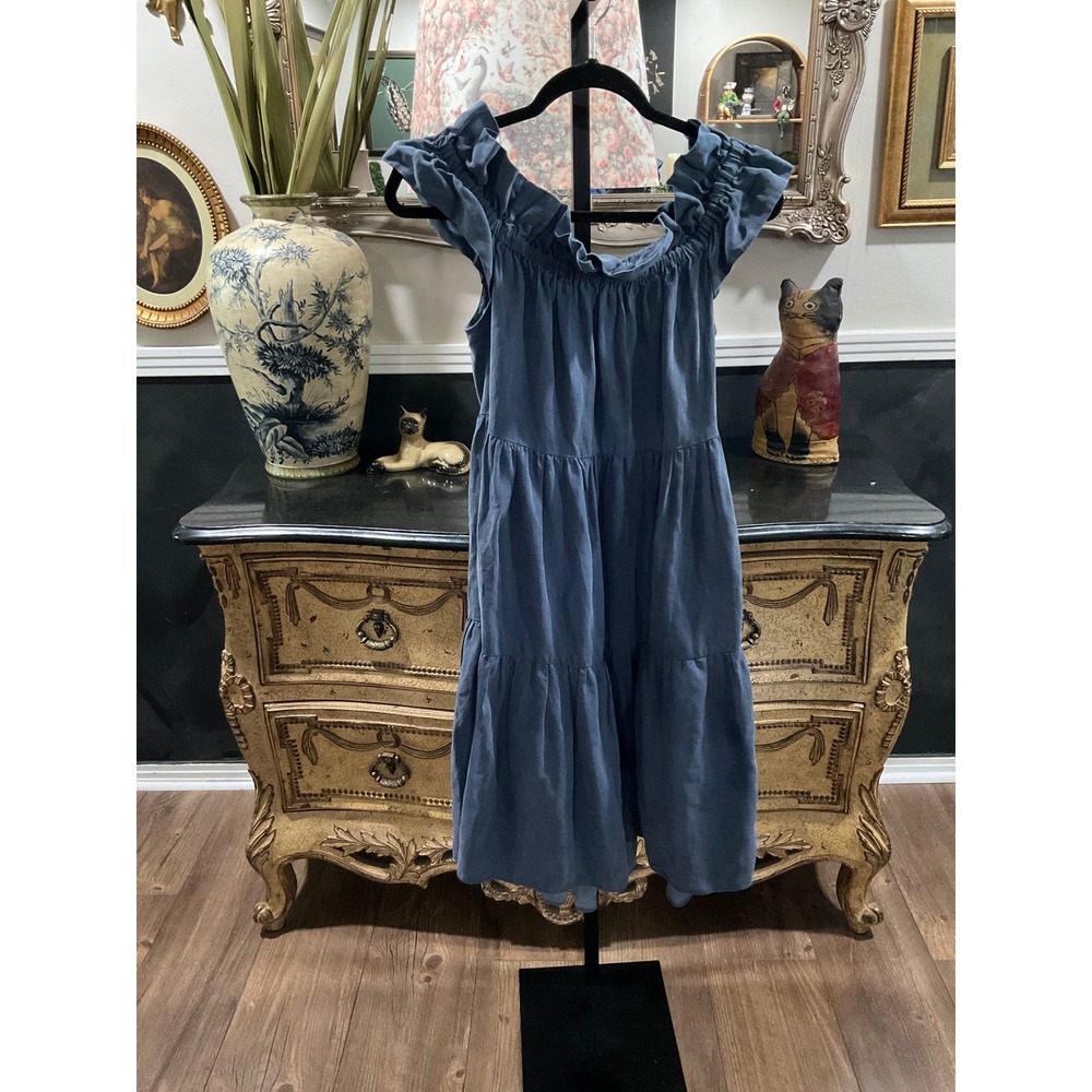 Ulla Johnson Blue Tencel Linen Ruffle Tiered Off Shoulder Midi Dress Size 6